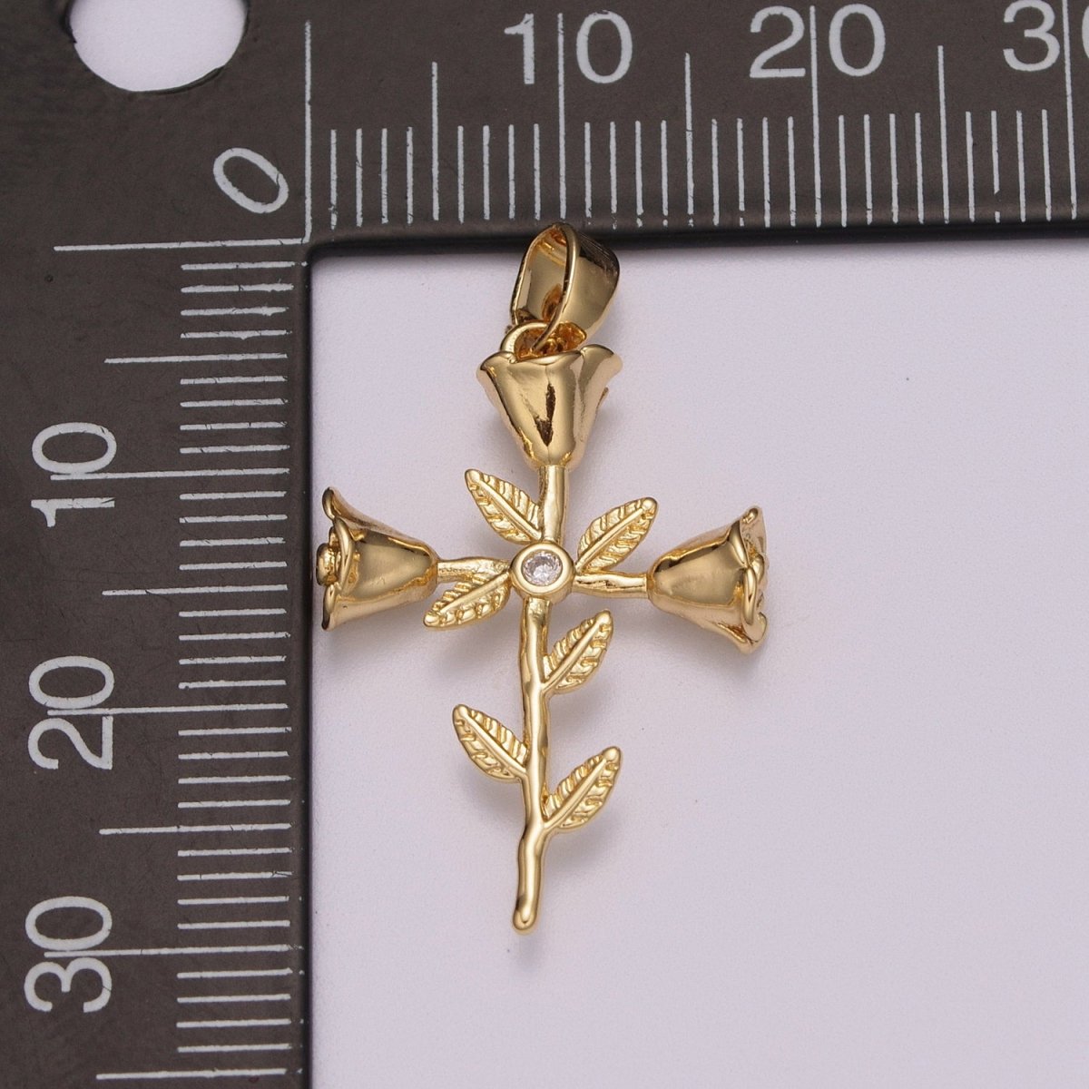 Rose Flowers and Leaves Crucifix Cross Charm 18K Gold Filled Pendant for Necklace Bracelet Earring N-1426
