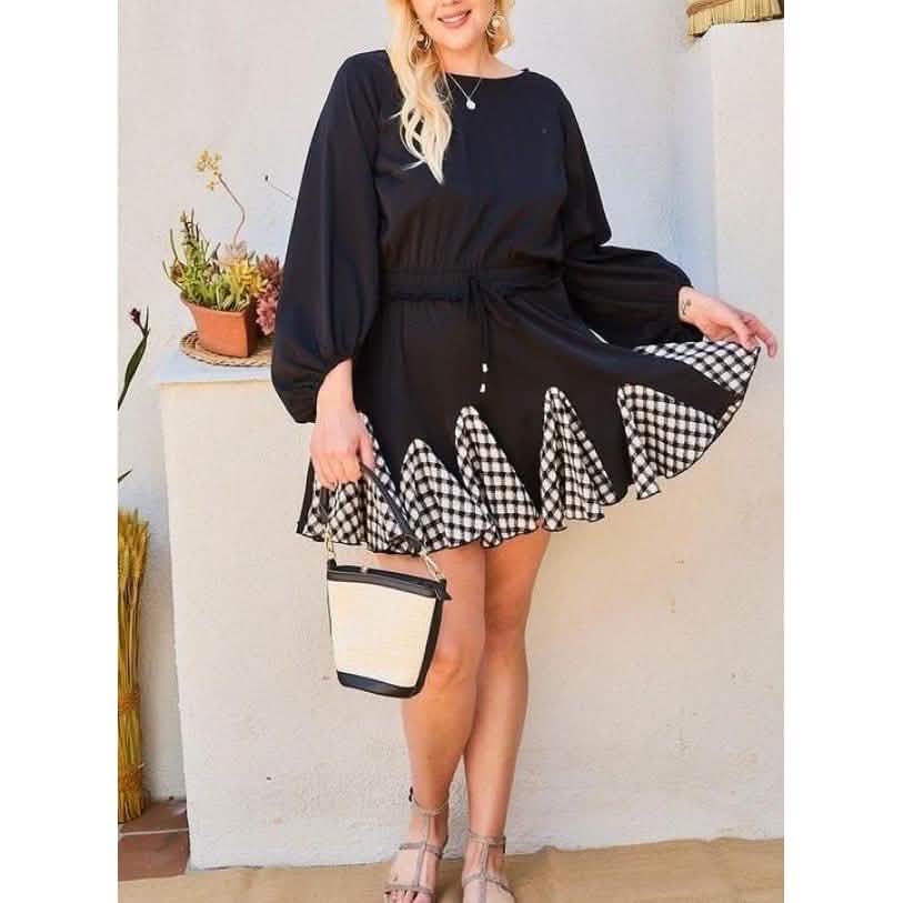 Round Neck 3/4 Bubble Sleeve Gingham Ruffle Romper