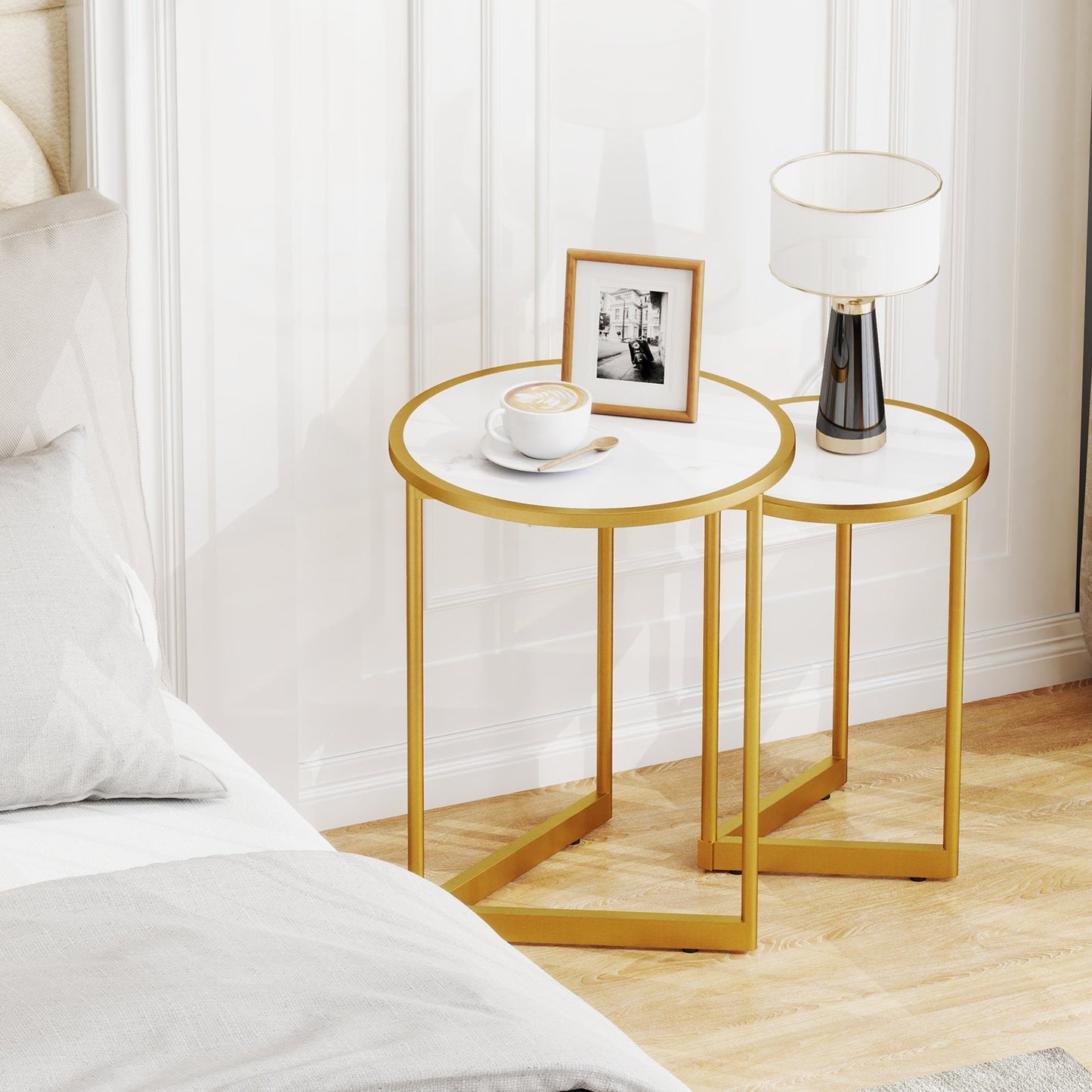 Round Nesting Table Set of 2 with Marble-like Tabletop-White