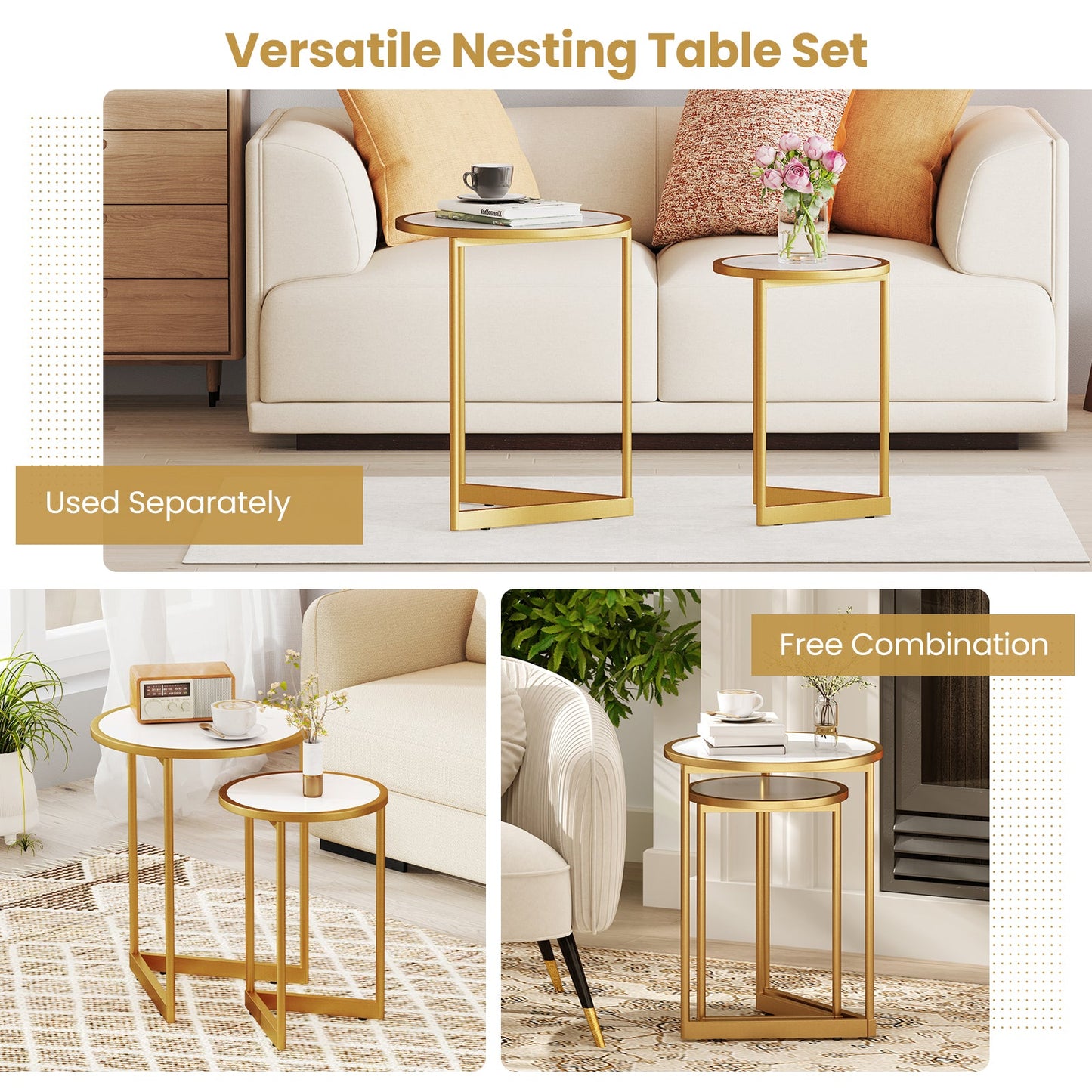 Round Nesting Table Set of 2 with Marble-like Tabletop-White