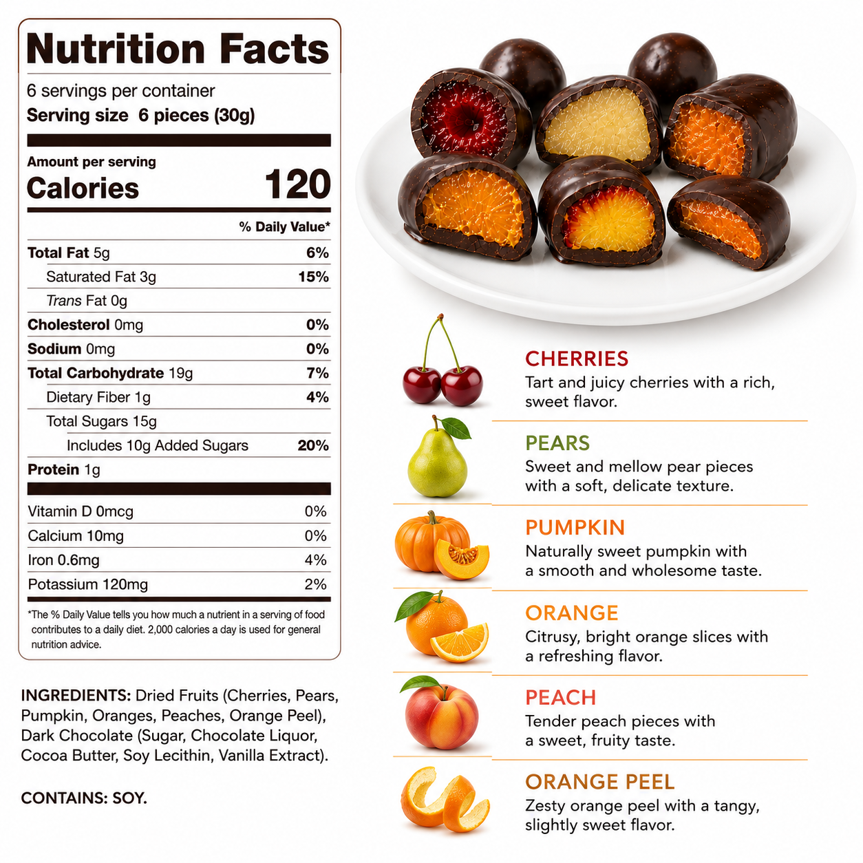 ANDY ANAND Chocolate Covered Fruits Collection Gift Box, 20 Pieces – Cherry, Pear, Pumpkin, Orange, Peach &amp; Orange Peel Covered in Premium Dark Chocolate, Gourmet Fruit Assortment, California Made, Gift Ready