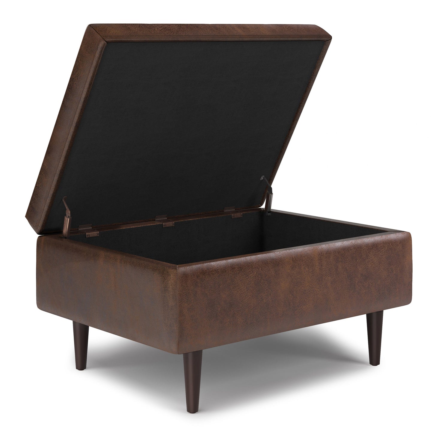 Shay 34 Inch Wide Mid-Century Small Coffee Table Storage Ottoman in Distressed Chestnut