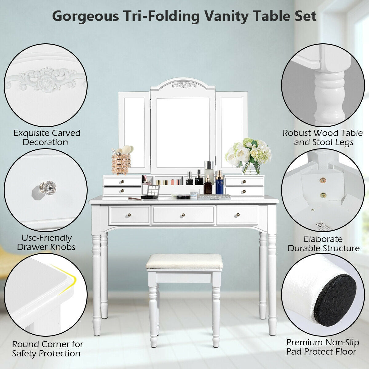 Makeup Dressing Table with Tri-Folding Mirror and Cushioned Stool for Women