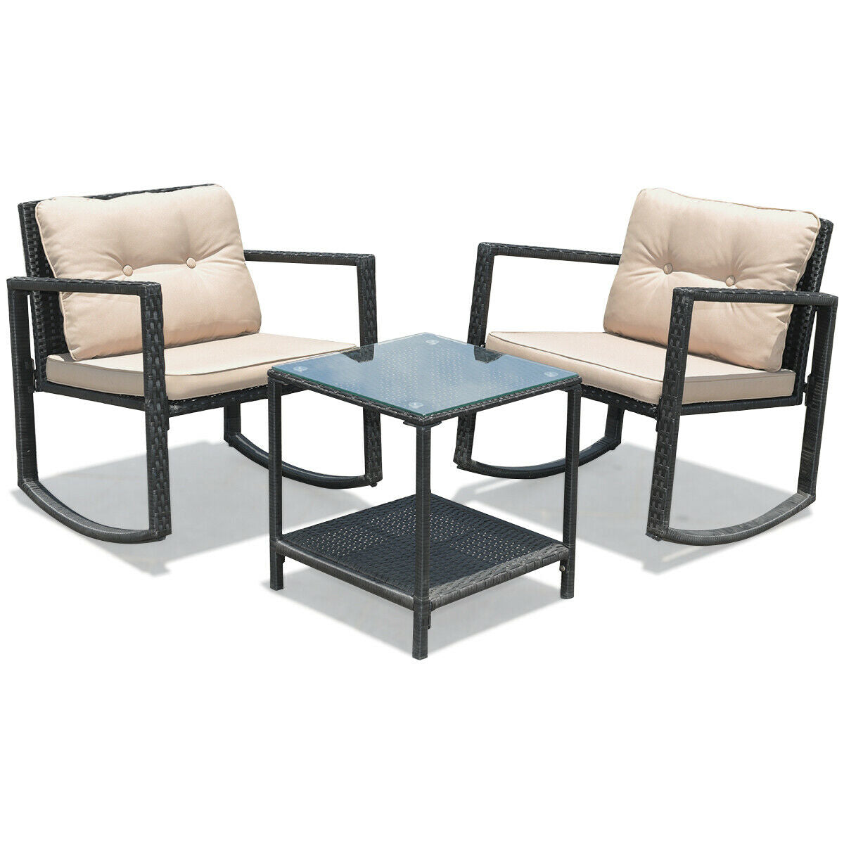 3 Pieces Cushioned Patio Rattan Set with Rocking Chair and Table-Black