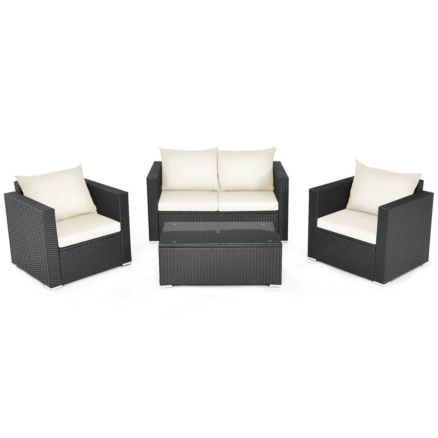 4 Pieces Patio Rattan Conversation Set with Cushions and Coffee Table-Black