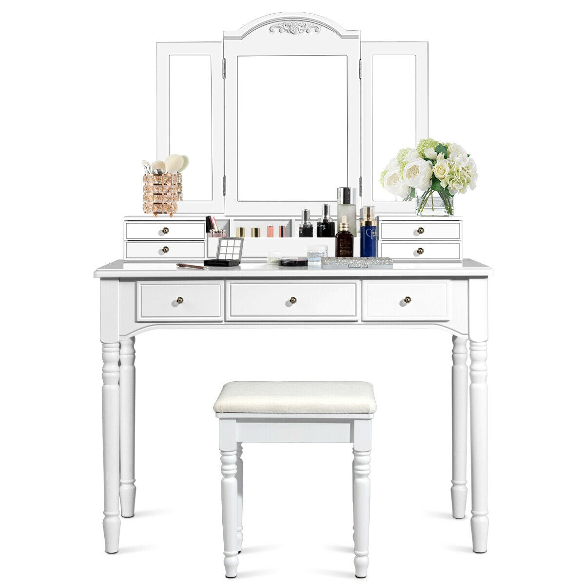 Makeup Dressing Table with Tri-Folding Mirror and Cushioned Stool for Women