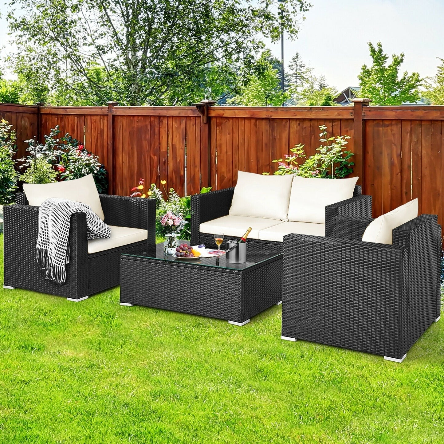 4 Pieces Patio Rattan Conversation Set with Cushions and Coffee Table-Black