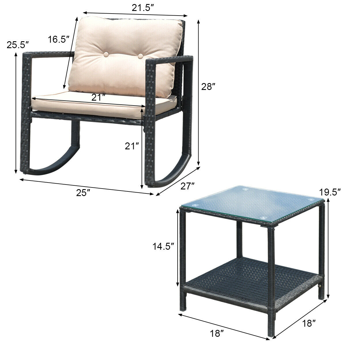 3 Pieces Cushioned Patio Rattan Set with Rocking Chair and Table-Black