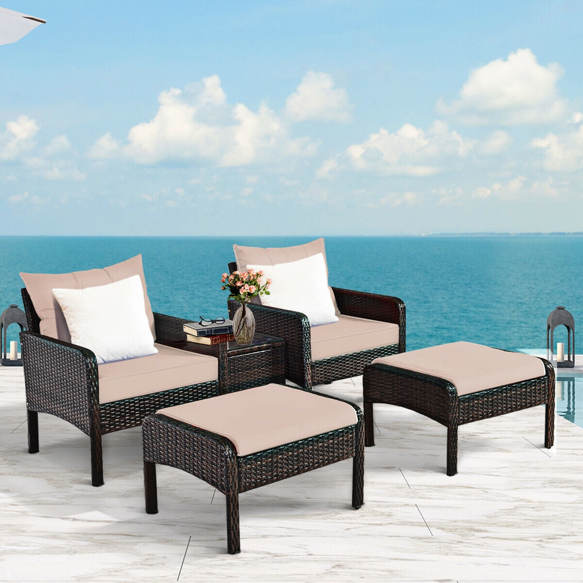 5 Pieces Patio Rattan Sofa Ottoman Furniture Set with Cushions-Black
