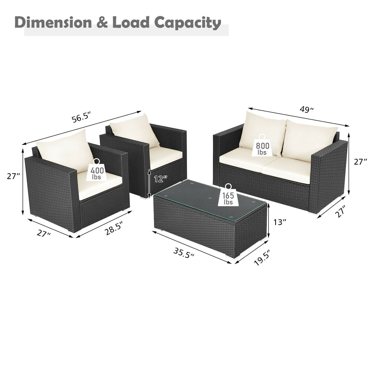 4 Pieces Patio Rattan Conversation Set with Cushions and Coffee Table-Black