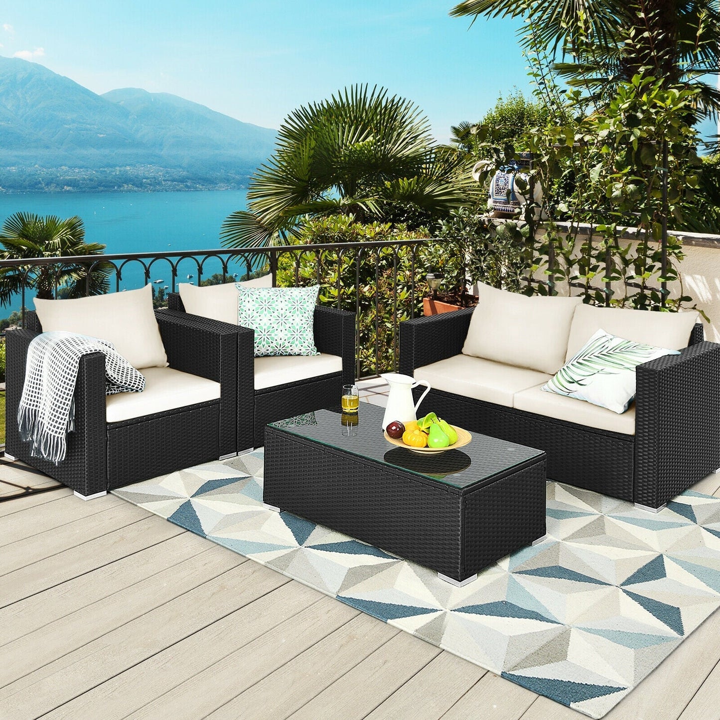 4 Pieces Patio Rattan Conversation Set with Cushions and Coffee Table-Black