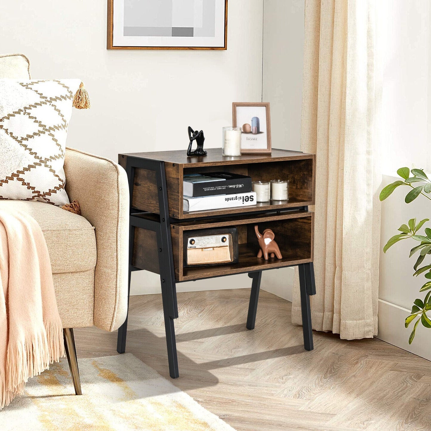 1 Piece Stackable Night Stand Shelf Accent Table with Metal Frame
