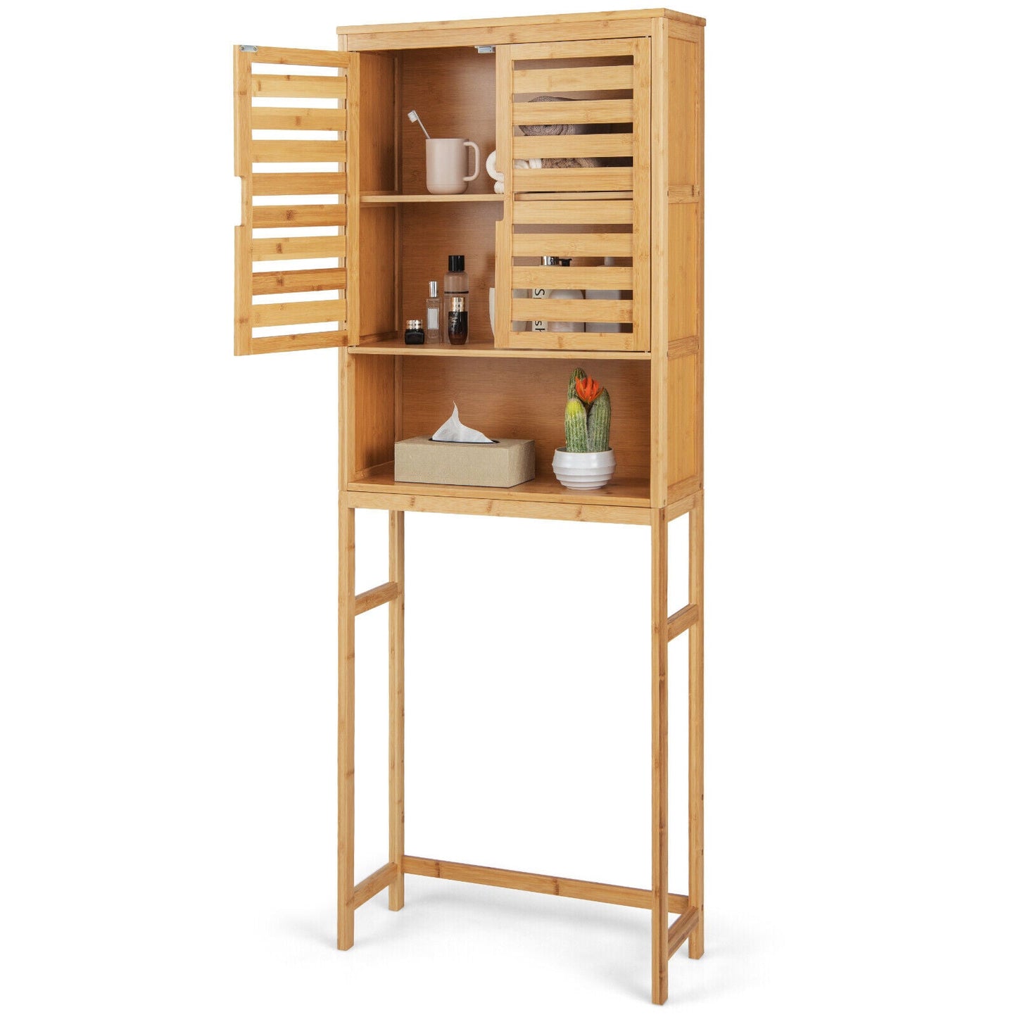 Bamboo Over The Toilet Storage Cabinet Bathroom with Adjustable Shelf-Natural