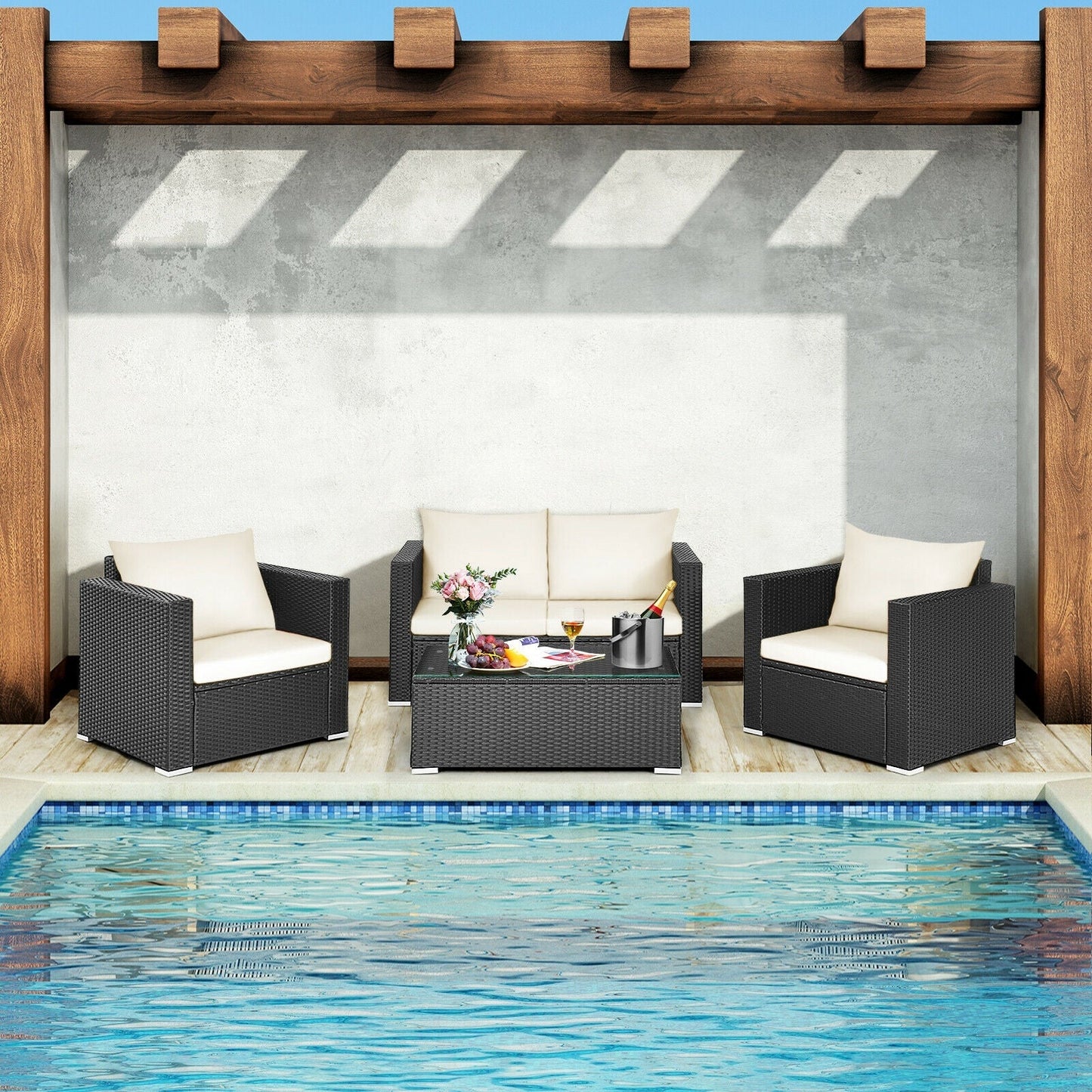 4 Pieces Patio Rattan Conversation Set with Cushions and Coffee Table-Black