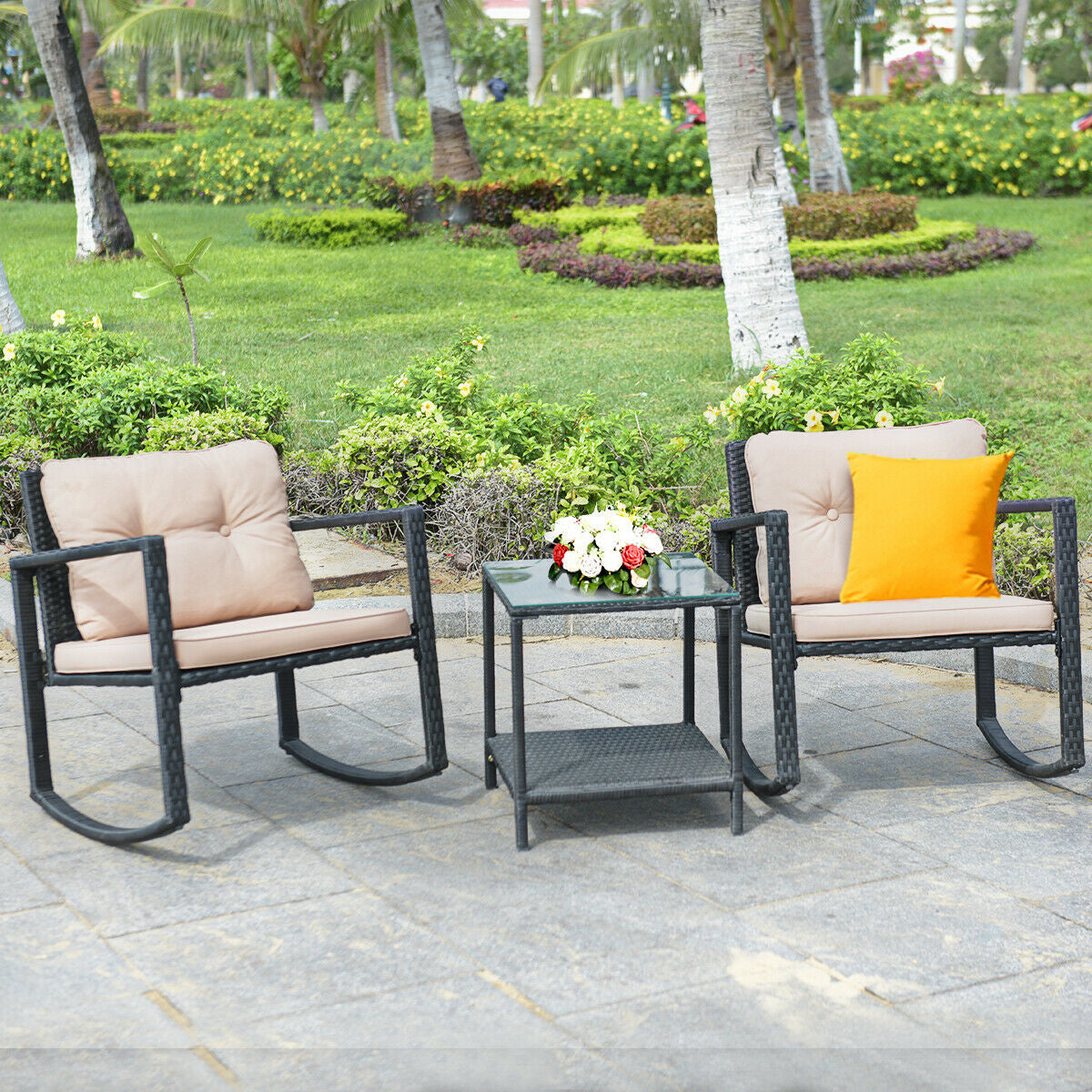 3 Pieces Cushioned Patio Rattan Set with Rocking Chair and Table-Black