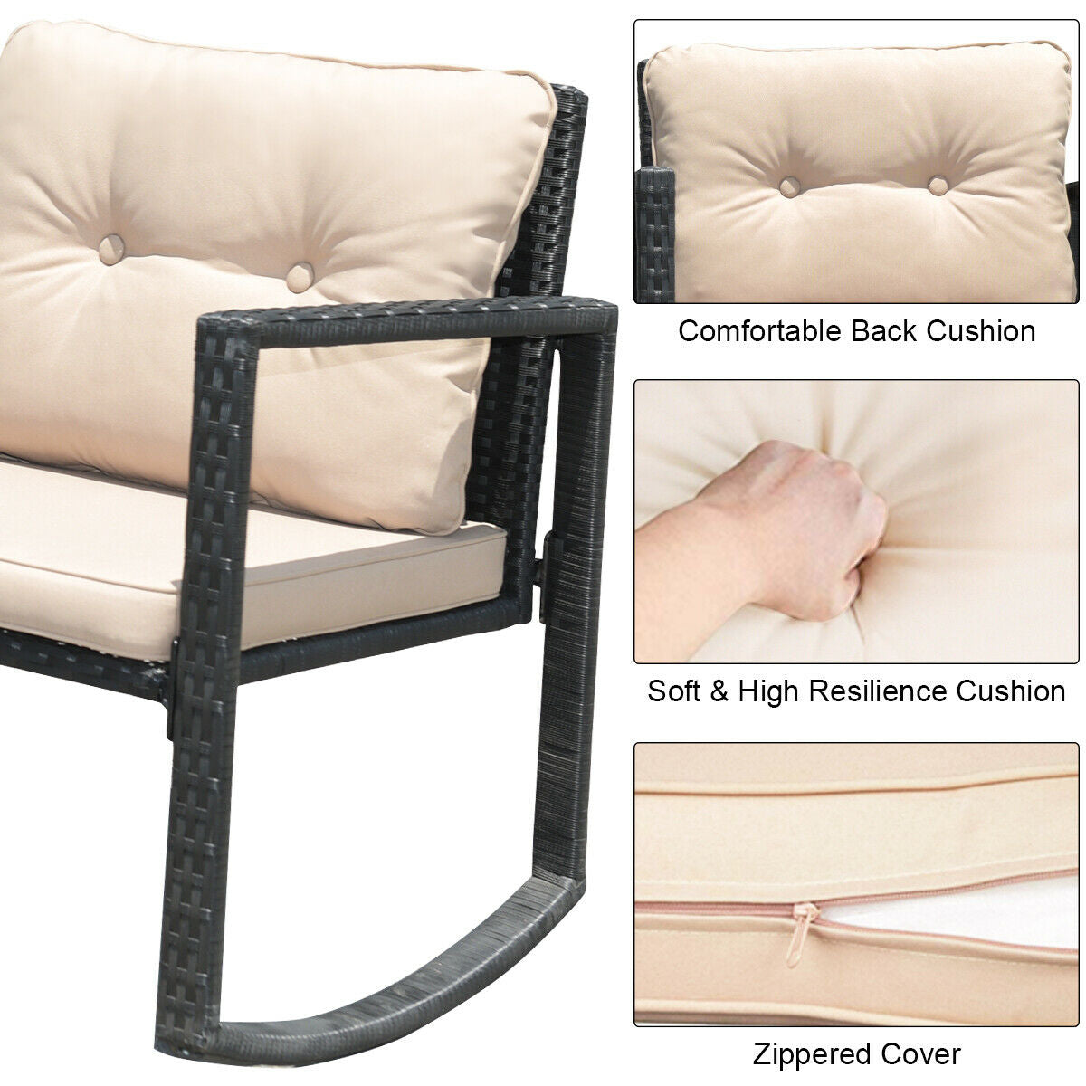 3 Pieces Cushioned Patio Rattan Set with Rocking Chair and Table-Black
