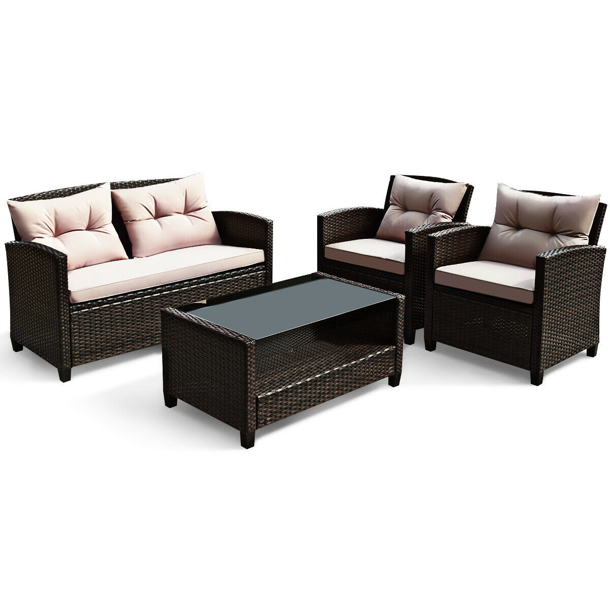 4 Pieces Patio Rattan Conversation Furniture Set with Glass Top Coffee Table-Gray