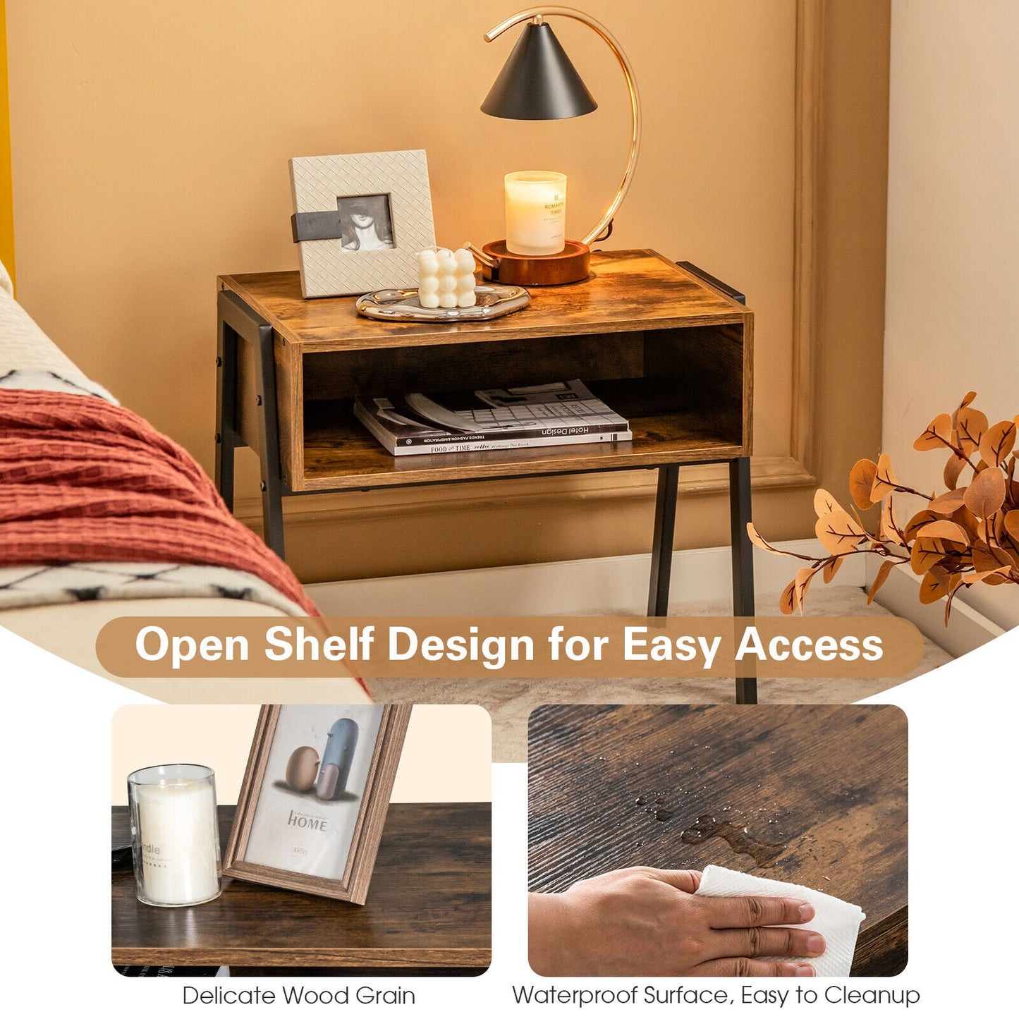 1 Piece Stackable Night Stand Shelf Accent Table with Metal Frame