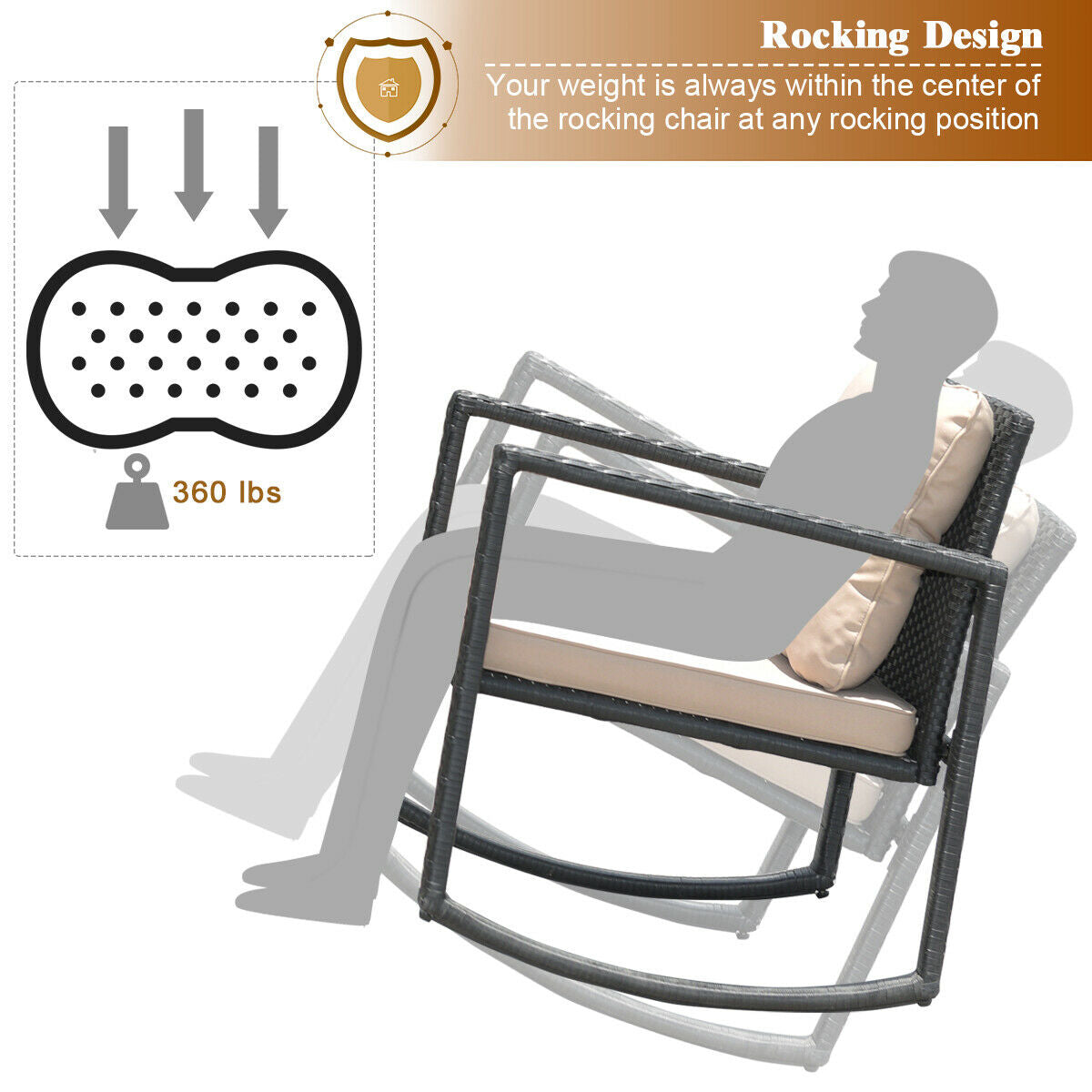 3 Pieces Cushioned Patio Rattan Set with Rocking Chair and Table-Black