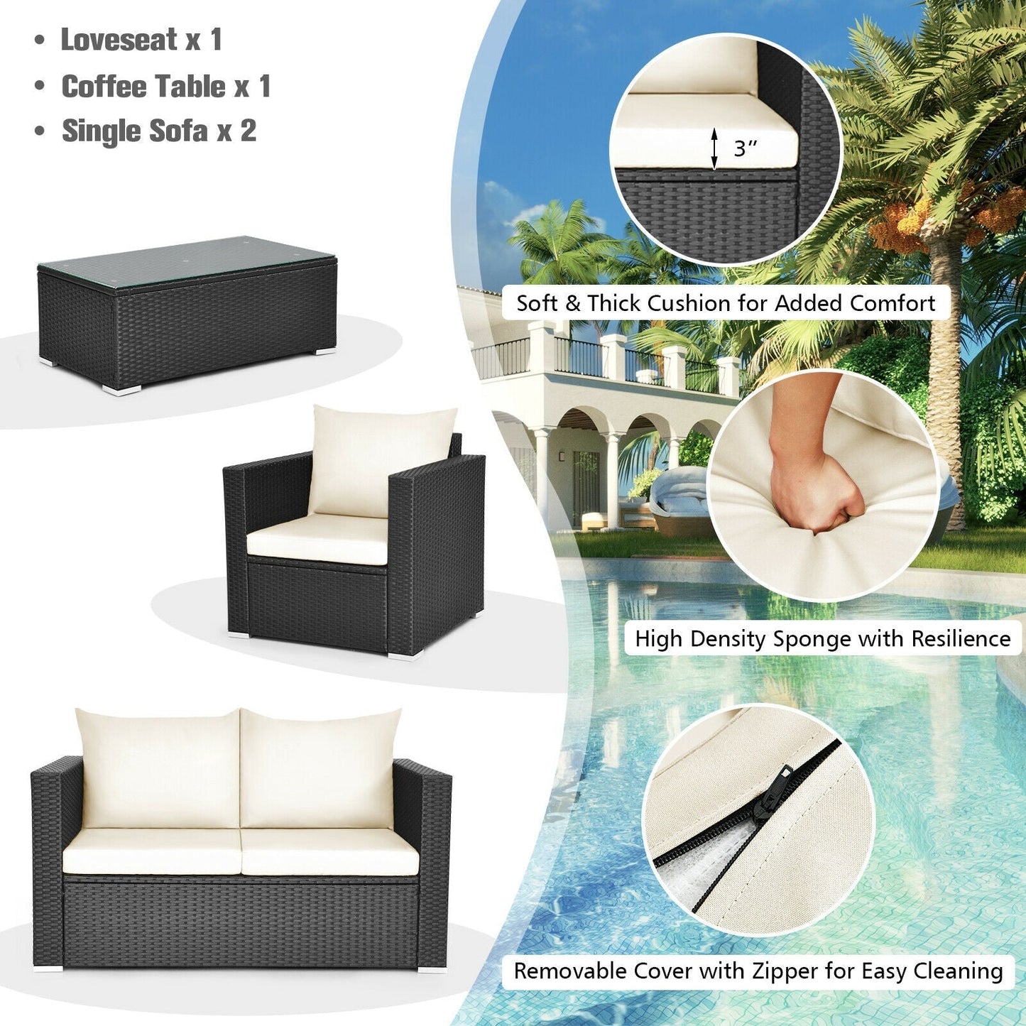 4 Pieces Patio Rattan Conversation Set with Cushions and Coffee Table-Black