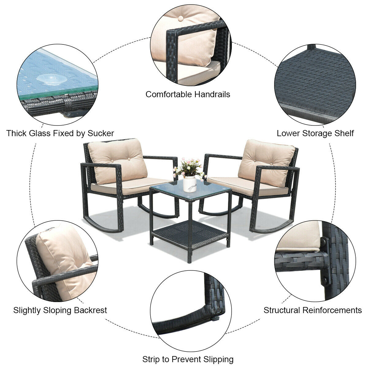 3 Pieces Cushioned Patio Rattan Set with Rocking Chair and Table-Black