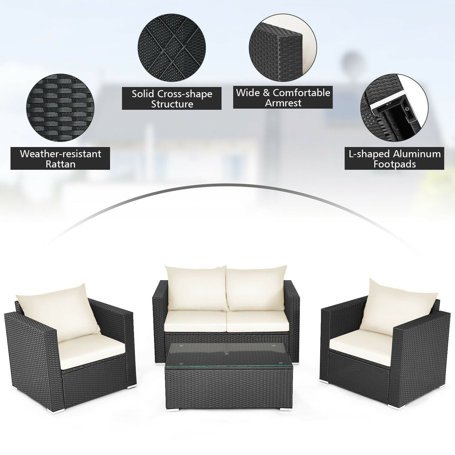 4 Pieces Patio Rattan Conversation Set with Cushions and Coffee Table-Black