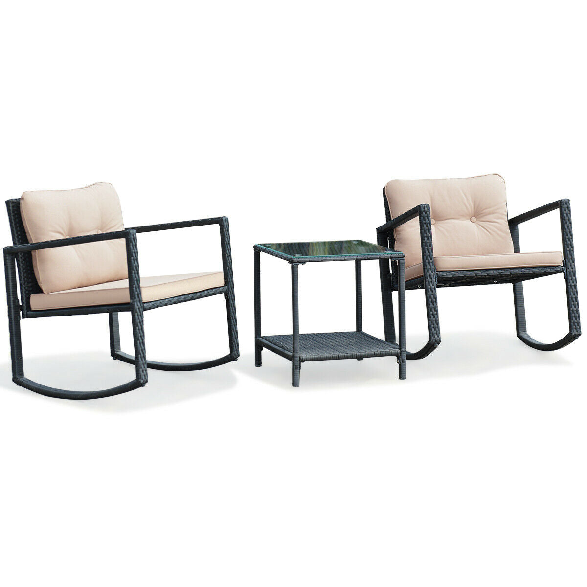 3 Pieces Cushioned Patio Rattan Set with Rocking Chair and Table-Black