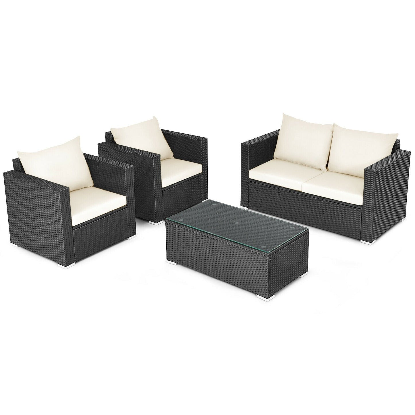 4 Pieces Patio Rattan Conversation Set with Cushions and Coffee Table-Black