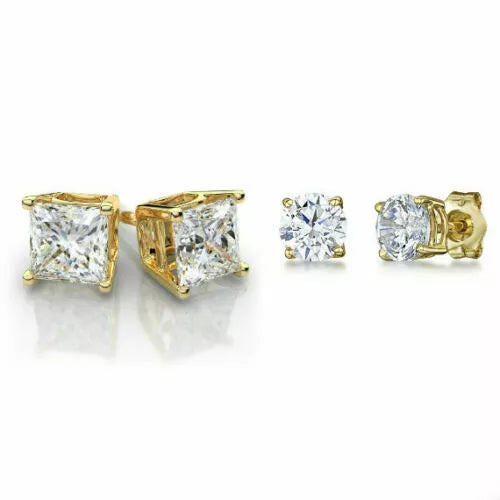 Gold Sterling Silver Stud Earrings Cubic Zirconia Men Women 2PC Earrings Set