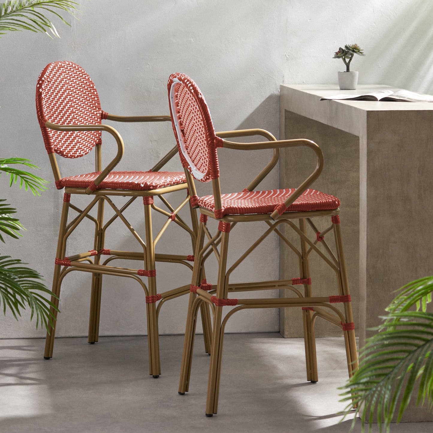 Outdoor Wicker and Aluminum 29.5" French Barstools, Set of 2