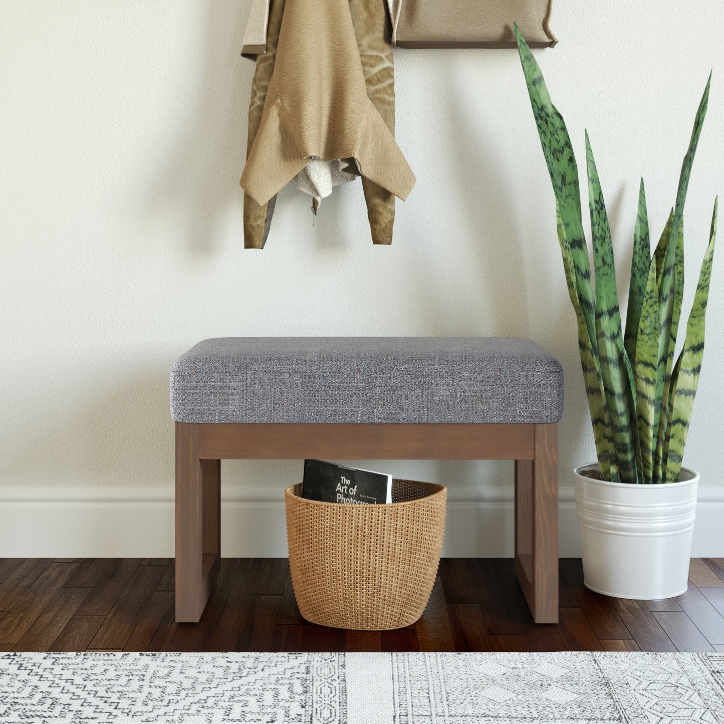 Milltown 27 Inch Wide Solid Wood Footstool Small Ottoman Bench in Pebble