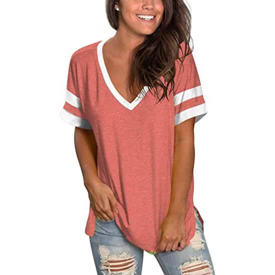 女性用トップス ストライプ半袖VネックTシャツ