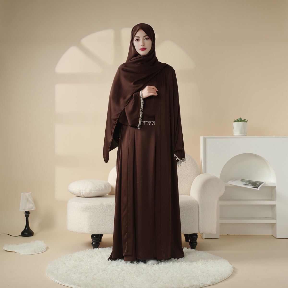 Satin Abaya With Matching Belt Made Of Diamond Tassel (MOA010)