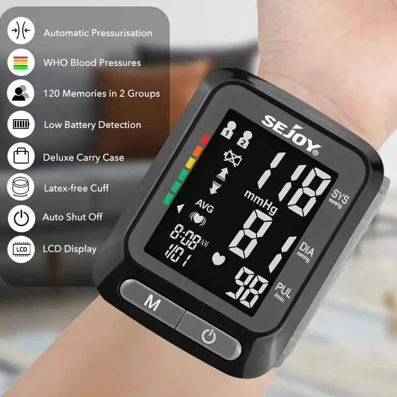 Tensiomètre automatique numérique de poignet SEJOY, moniteur de tension artérielle et de fréquence cardiaque