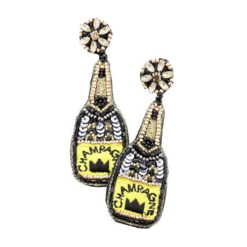 Sequin Beaded Embellished Crown Champagne Earrings