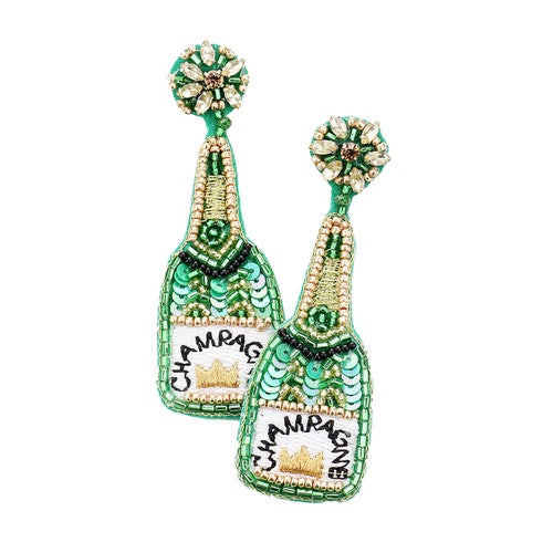 Sequin Beaded Embellished Crown Champagne Earrings