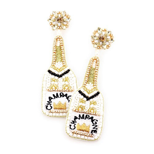 Sequin Beaded Embellished Crown Champagne Earrings