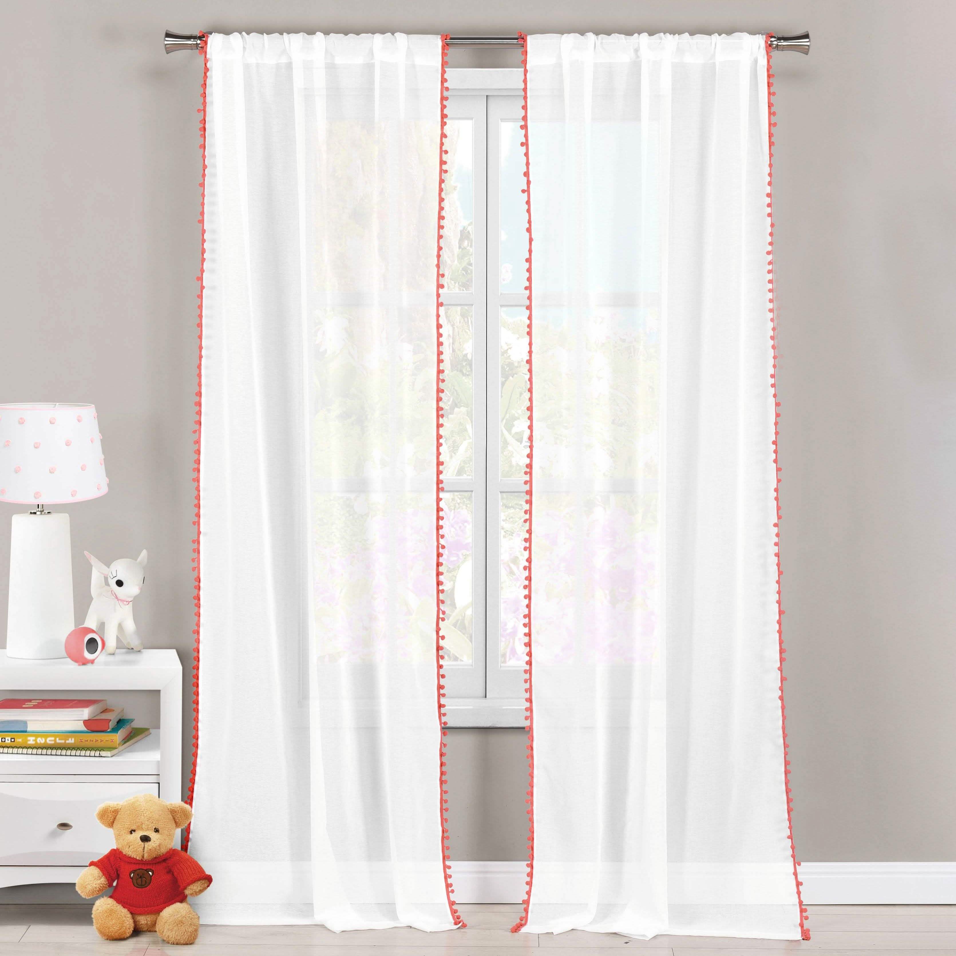 Lot de 2 : Paire de panneaux de rideaux semi-transparents à pompons