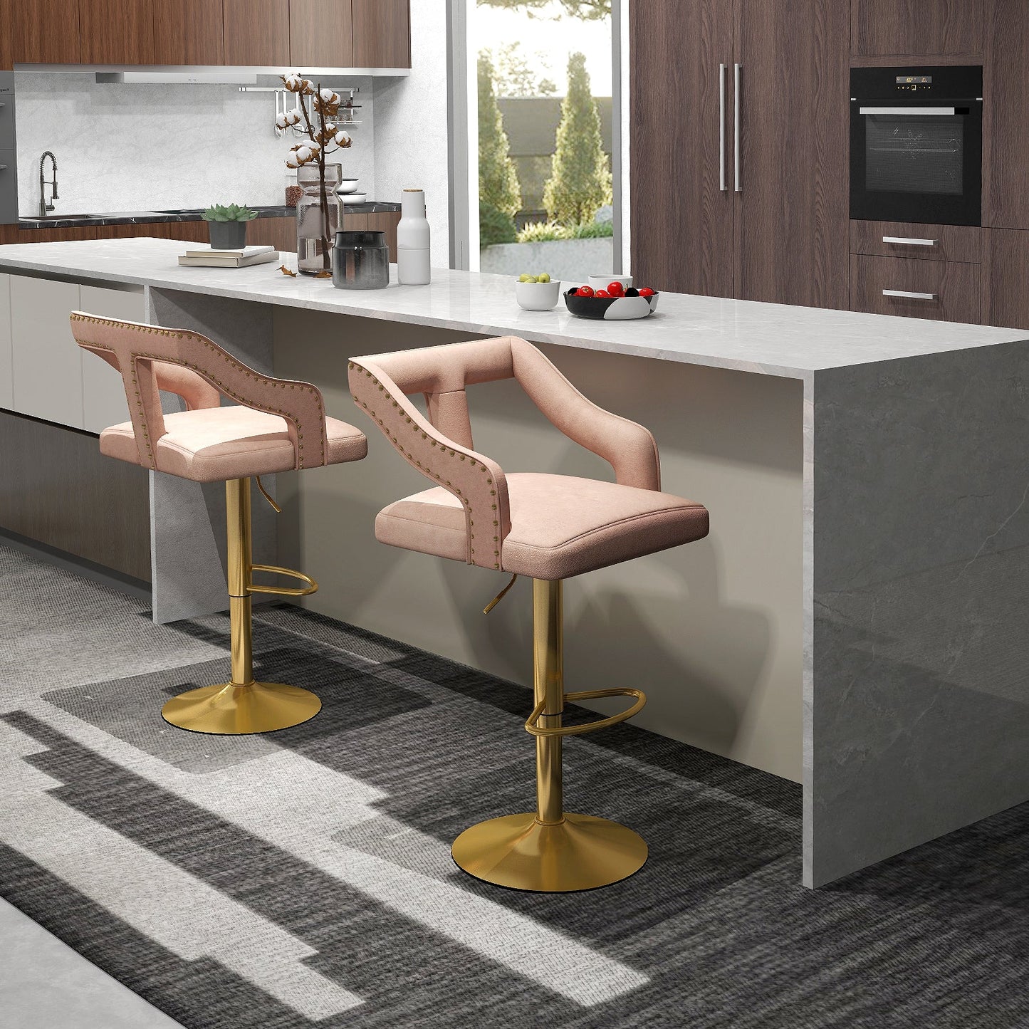 Set of 2 Bar Chairs with Footrest and 2-Layer Electroplated Metal Base