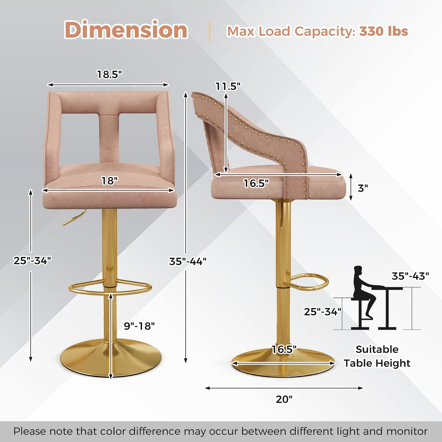 Set of 2 Bar Chairs with Footrest and 2-Layer Electroplated Metal Base