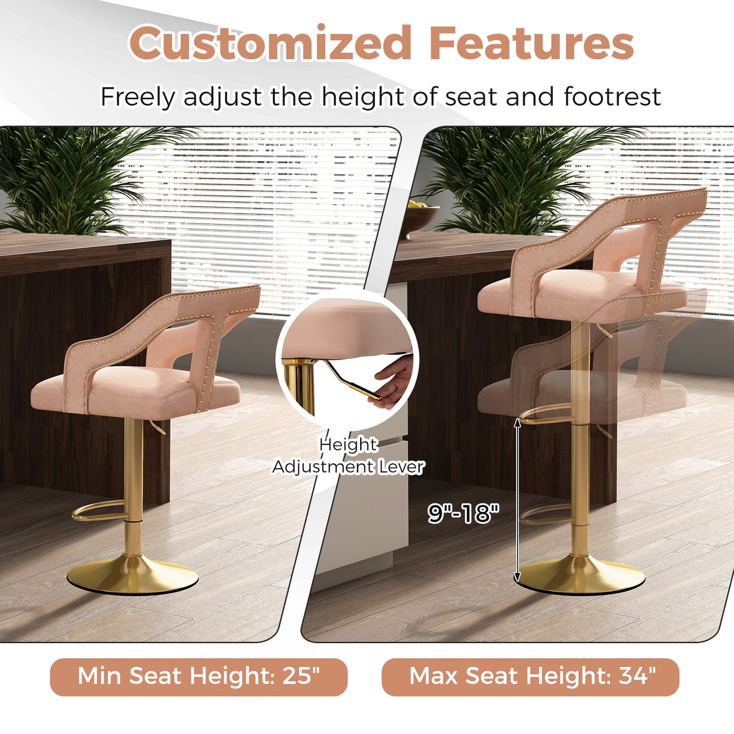 Set of 2 Bar Chairs with Footrest and 2-Layer Electroplated Metal Base