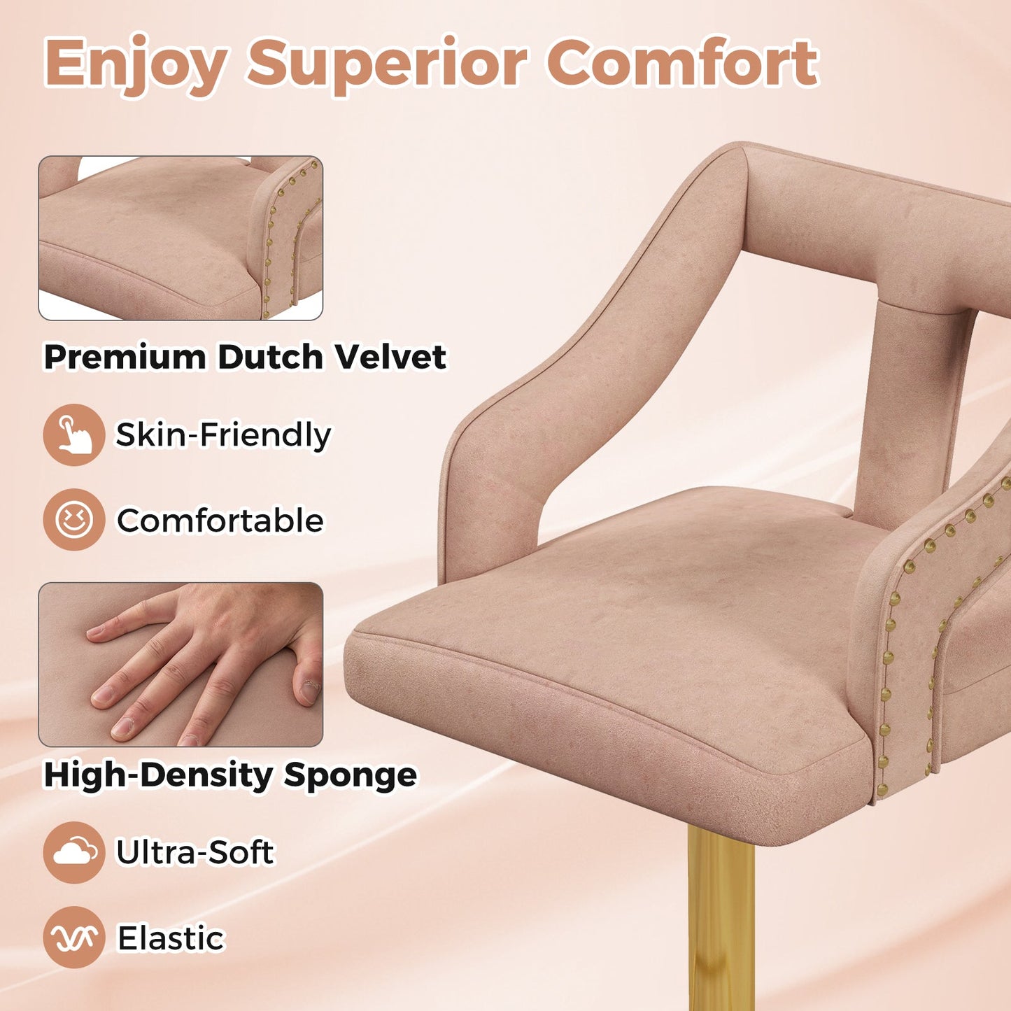 Set of 2 Bar Chairs with Footrest and 2-Layer Electroplated Metal Base