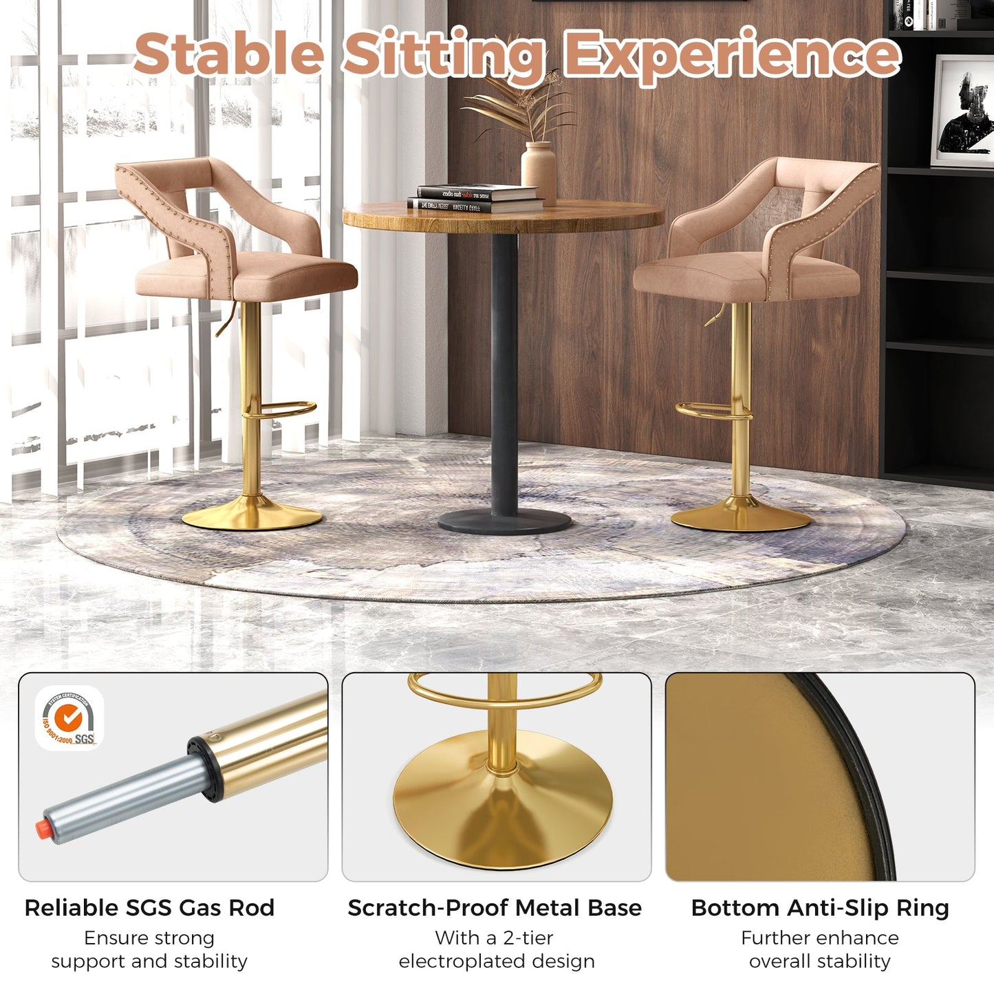 Set of 2 Bar Chairs with Footrest and 2-Layer Electroplated Metal Base