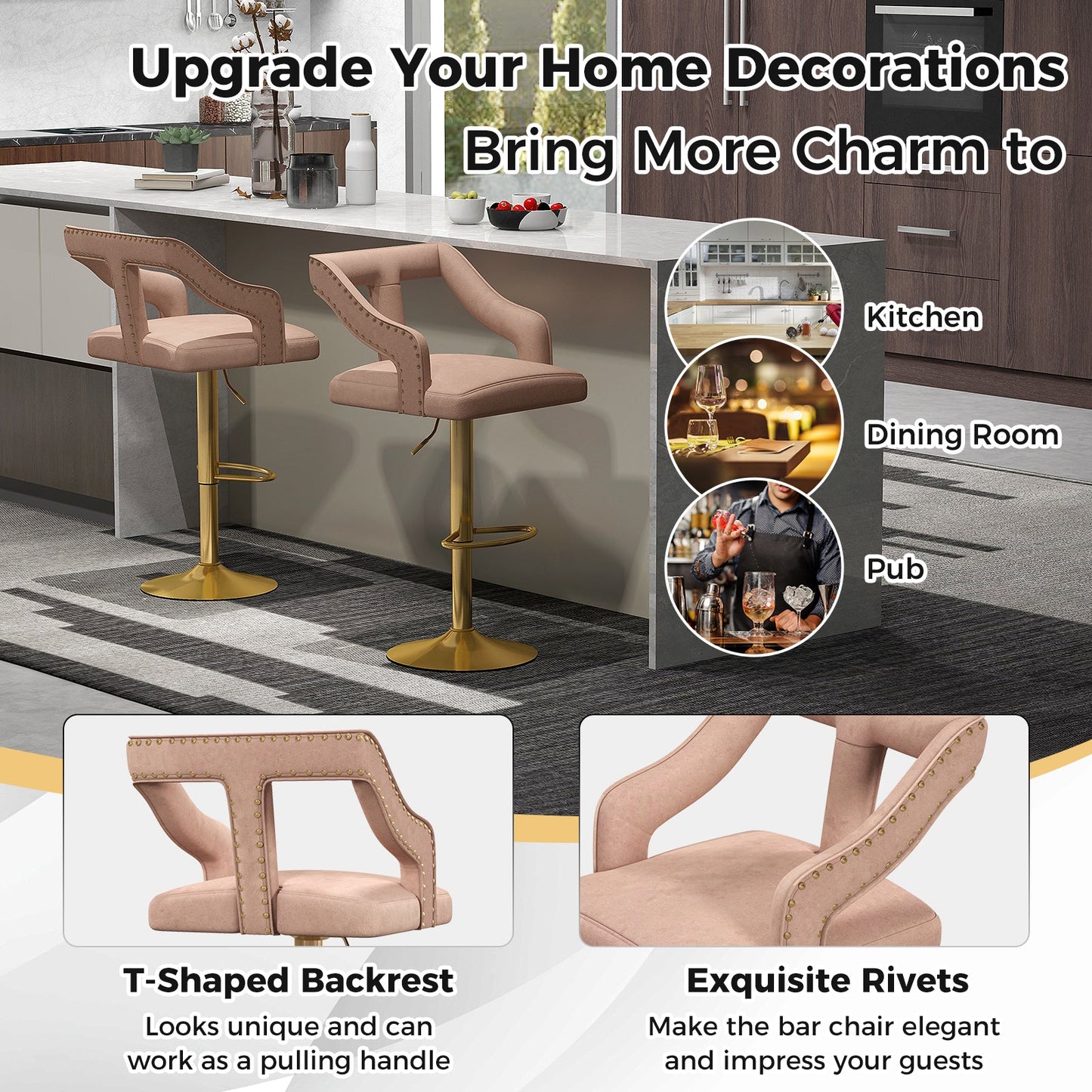 Set of 2 Bar Chairs with Footrest and 2-Layer Electroplated Metal Base
