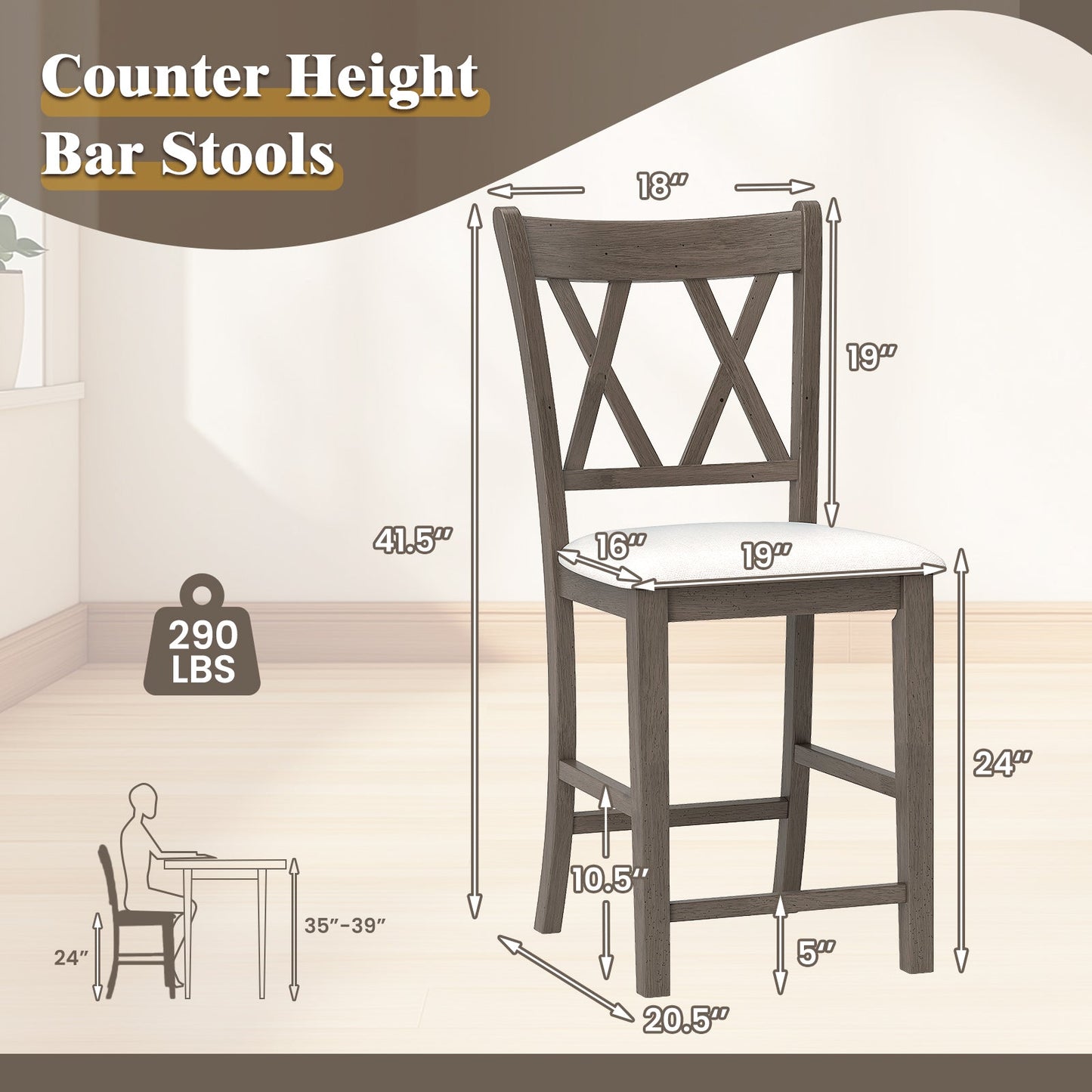 Set of 2 Bar Stools with Cross Back and Linen Fabric Upholstered Seat-Beige