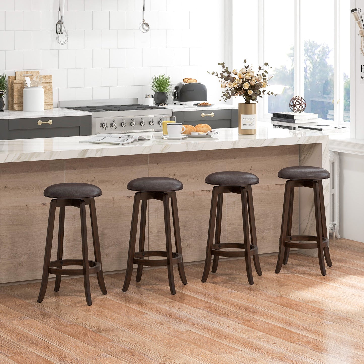 Set of 2 24/29 Inch Upholstered PU Leather Bar Stool with 360° Swivel Round Seat