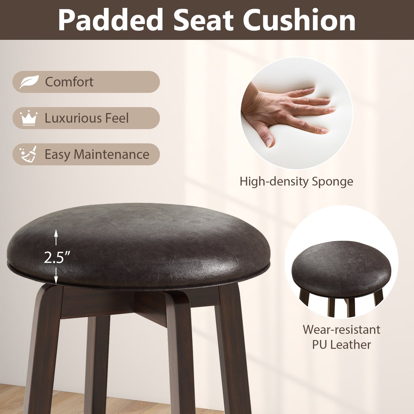 Set of 2 24/29 Inch Upholstered PU Leather Bar Stool with 360° Swivel Round Seat