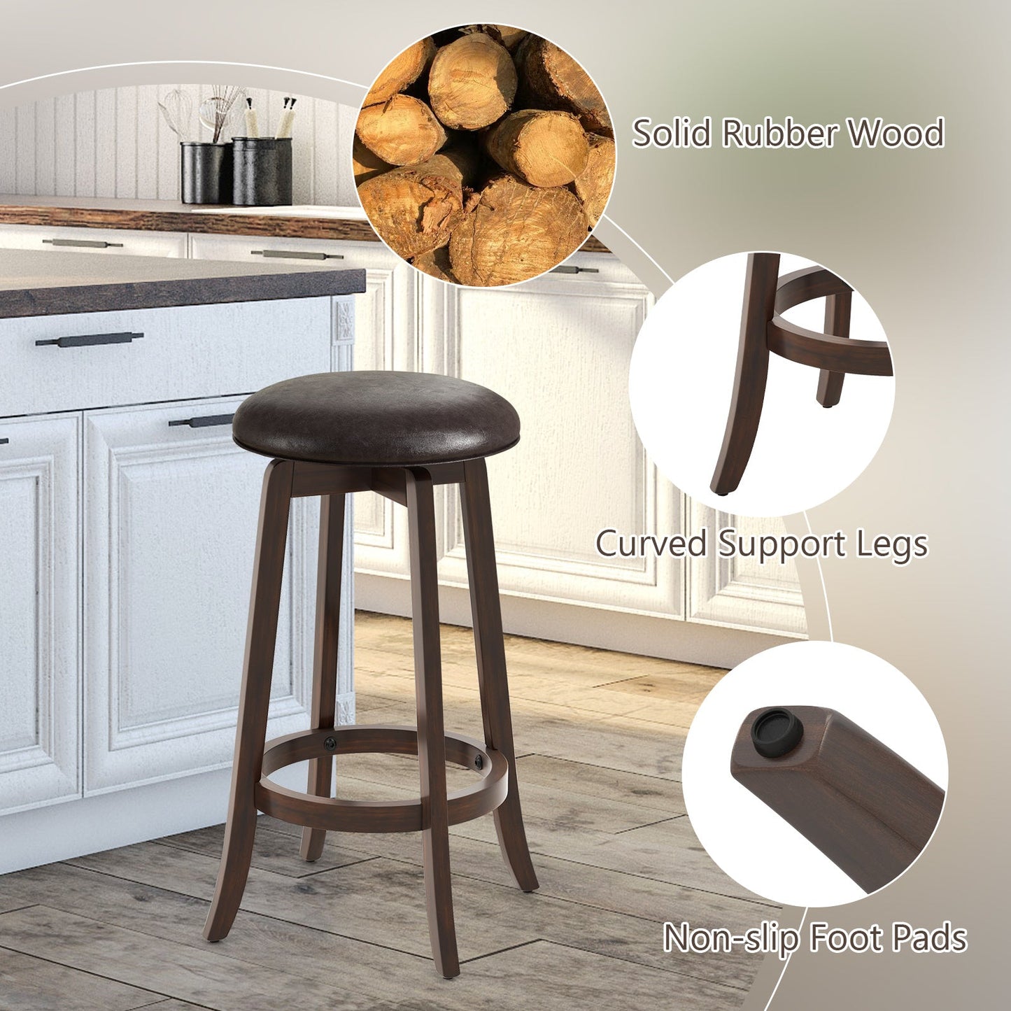 Set of 2 24/29 Inch Upholstered PU Leather Bar Stool with 360° Swivel Round Seat