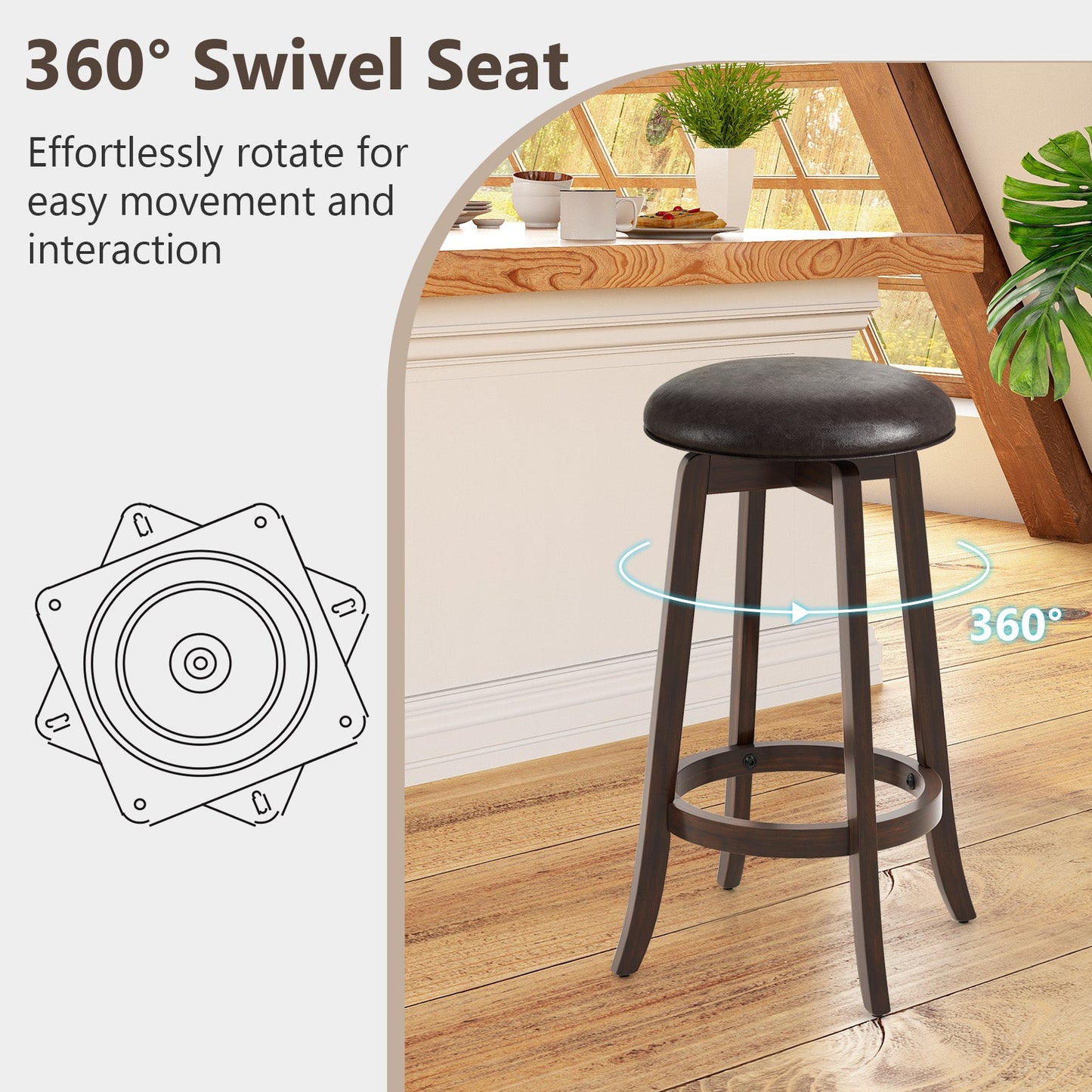 Set of 2 24/29 Inch Upholstered PU Leather Bar Stool with 360° Swivel Round Seat