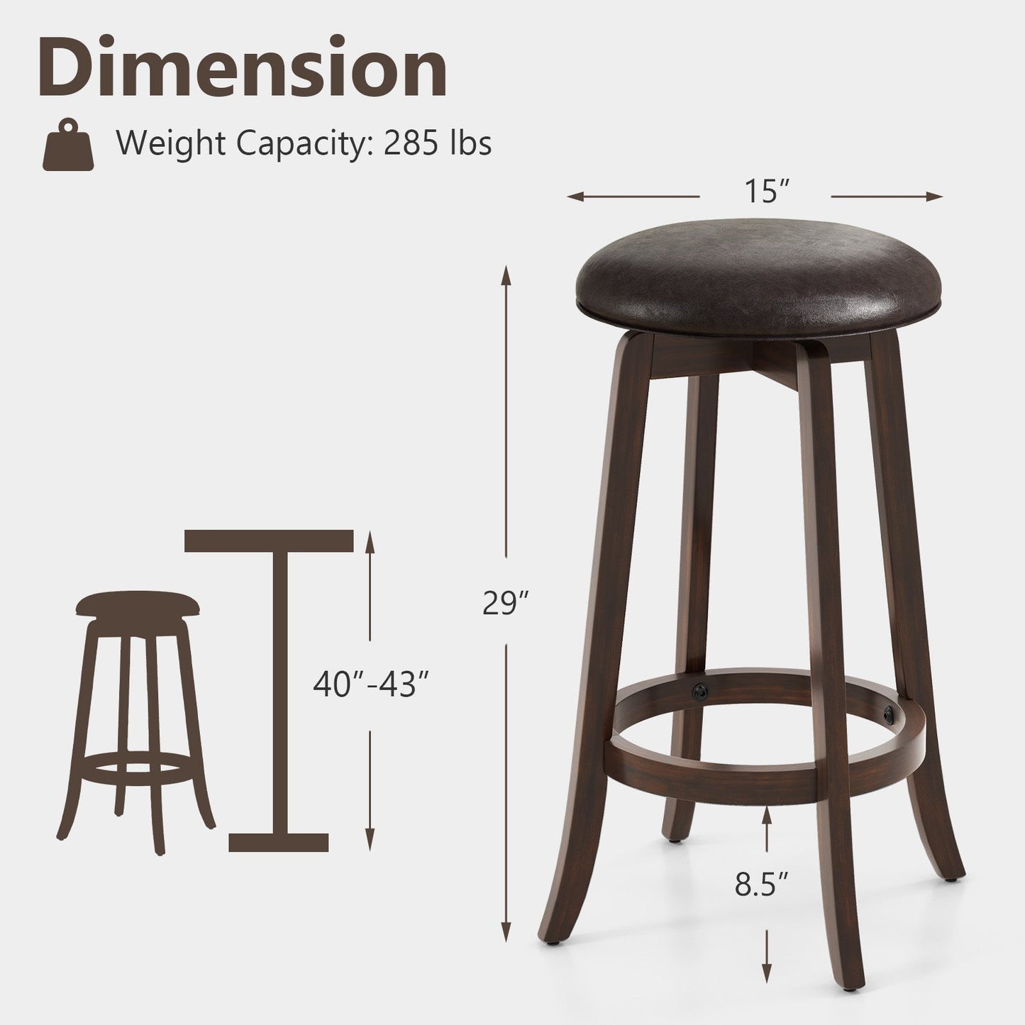 Set of 2 24/29 Inch Upholstered PU Leather Bar Stool with 360° Swivel Round Seat